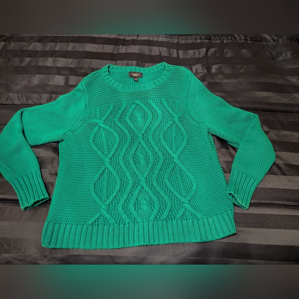 Lands End Drifter Sweater Women's XL 18/P Kelly Green Cable Knit 100% Cotton